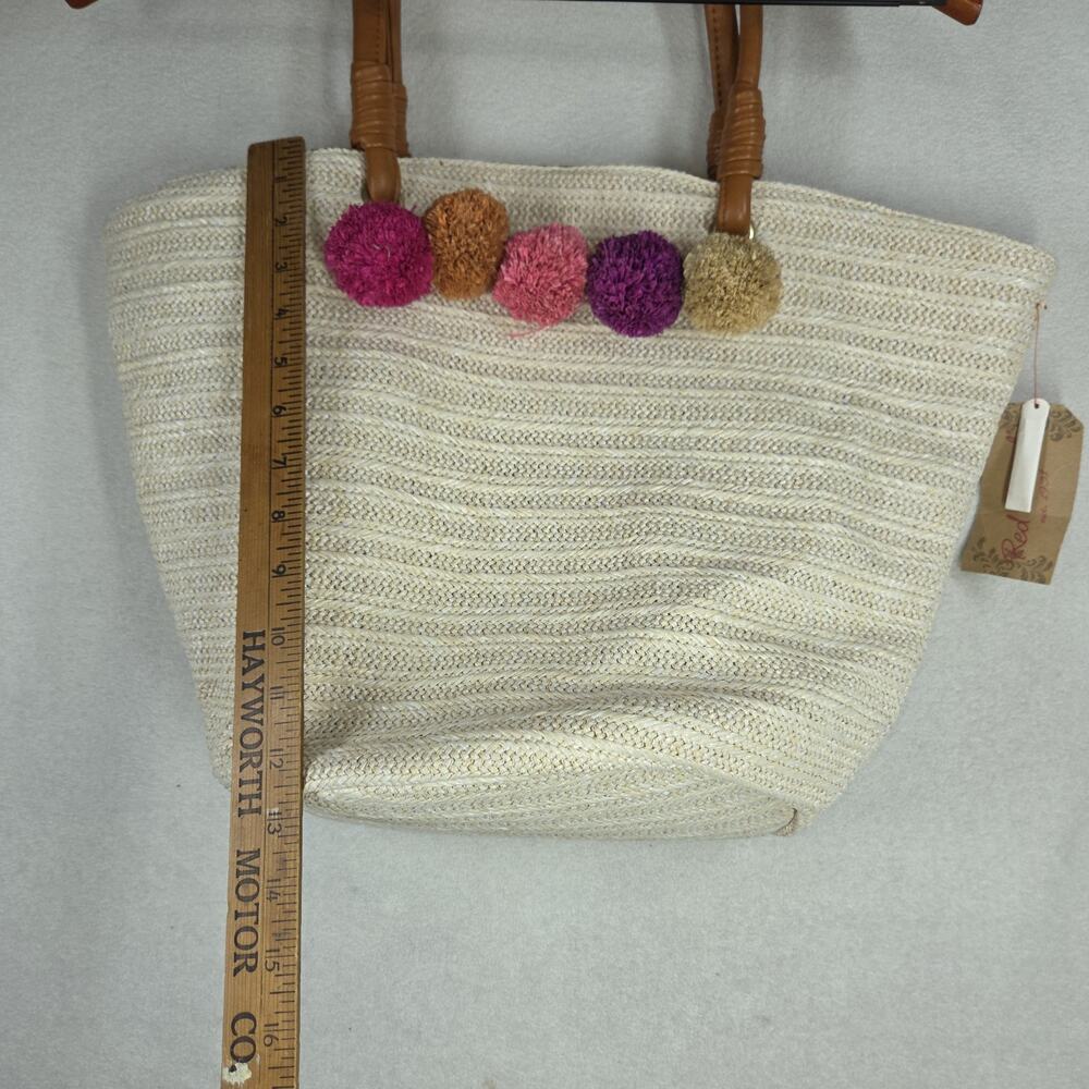 Vtg Red Camel Bag Tote Bags Purse Woven Straw Beach Pom Pom Lagenlook NWT Pool - Picture 5 of 12